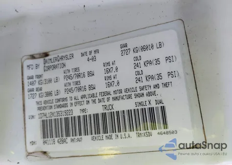 2003 Dodge Dakota from USA, damaged, VIN 1D7HL12X13S319223